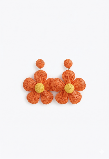 Violette Boho Flower Rattan Drop Earrings Orange Yellow