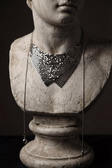 Black Mesh Bib Necklace, Chainmail Statement Necklace, Dark Glam Collar Necklace, Metallic Drape Necklace, Gothic Evening Jewelry