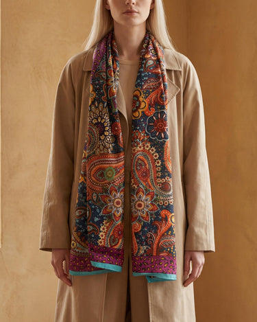 Boho Paisley Soft Scarf Shawl Wrap – Teal & Purple Border, Lightweight Semi-Sheer Long Scarf, Gift for Her