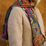 Boho Paisley Soft Scarf Shawl Wrap – Teal & Purple Border, Lightweight Semi-Sheer Long Scarf, Gift for Her