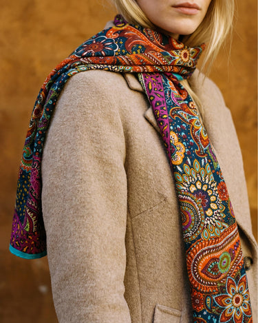 Boho Paisley Soft Scarf Shawl Wrap – Teal & Purple Border, Lightweight Semi-Sheer Long Scarf, Gift for Her