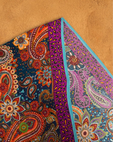 Boho Paisley Soft Scarf Shawl Wrap – Teal & Purple Border, Lightweight Semi-Sheer Long Scarf, Gift for Her