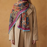 Boho Paisley Soft Scarf Shawl Wrap – Teal & Purple Border, Lightweight Semi-Sheer Long Scarf, Gift for Her