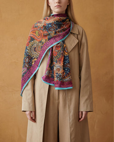 Boho Paisley Soft Scarf Shawl Wrap – Teal & Purple Border, Lightweight Semi-Sheer Long Scarf, Gift for Her