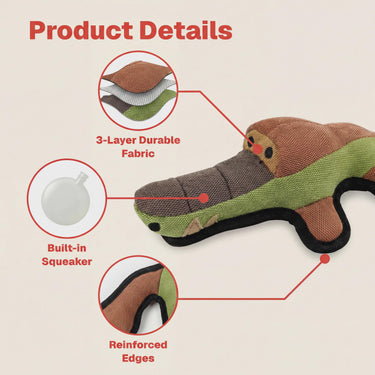 Durable Crocodile Dog Toy with Squeaker, 3 Layer Tough Chew Toy, Reinforced Fabric Interactive Dog Gift 11.5in