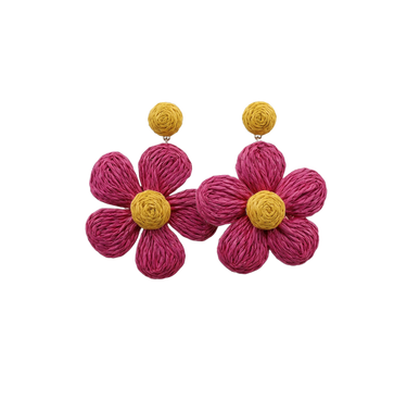 Violette Pink Raffia Flower Drop Earrings Yellow Center