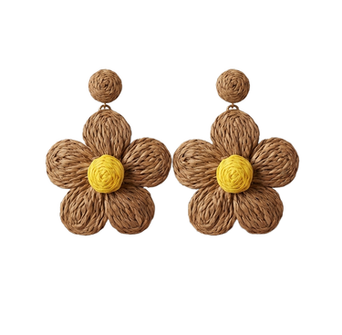 Violette Raffia Flower Drop Earrings Natural Brown