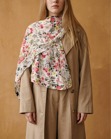 Floral Lightweight Scarf, Romantic Spring Wrap, Soft Sheer Neck Scarf, Pink Grey Botanical Print, Gift for Her