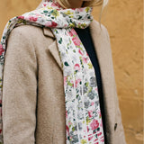 Floral Lightweight Scarf, Romantic Spring Wrap, Soft Sheer Neck Scarf, Pink Grey Botanical Print, Gift for Her