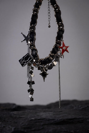 Gothic Charm Choker Necklace, Black Chain Choker, Punk Star Charm Necklace, Red Evil Eye Star, Alt Goth Jewelry, Y2K Statement Gift