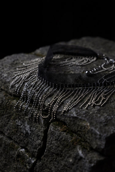 Gothic Fringe Choker Necklace,Black Tulle Chain Tassel Choker, Dark Glam Collar Necklace, Sheer Mesh Goth Jewelry, Statement Fringe Necklace