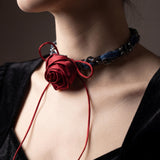 Gothic Rose Choker Necklace, Red Satin Flower Necklace, Dark Romantic Chain Choker, Victorian Goth Jewelry, Coquette Alt Gift
