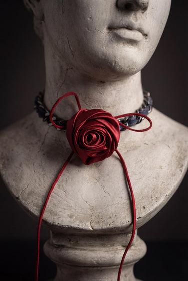 Gothic Rose Choker Necklace, Red Satin Flower Necklace, Dark Romantic Chain Choker, Victorian Goth Jewelry, Coquette Alt Gift