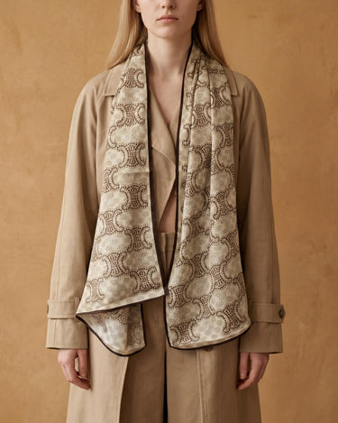 Neutral Beige Monogram Scarf with Brown Trim – Elegant Long Scarf / Lightweight Wrap – Everyday Luxe Gift