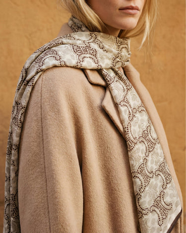 Neutral Beige Monogram Scarf with Brown Trim – Elegant Long Scarf / Lightweight Wrap – Everyday Luxe Gift