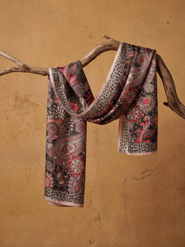 Paisley Floral Lightweight Scarf with Leopard Border, Black Red Pink Boho Wrap, Soft Sheer Neck Scarf, Gift for Her