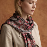 Paisley Floral Lightweight Scarf with Leopard Border, Black Red Pink Boho Wrap, Soft Sheer Neck Scarf, Gift for Her