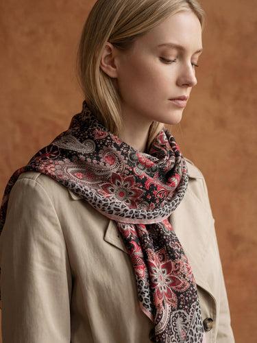 Paisley Floral Lightweight Scarf with Leopard Border, Black Red Pink Boho Wrap, Soft Sheer Neck Scarf, Gift for Her