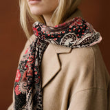 Paisley Floral Lightweight Scarf with Leopard Border, Black Red Pink Boho Wrap, Soft Sheer Neck Scarf, Gift for Her