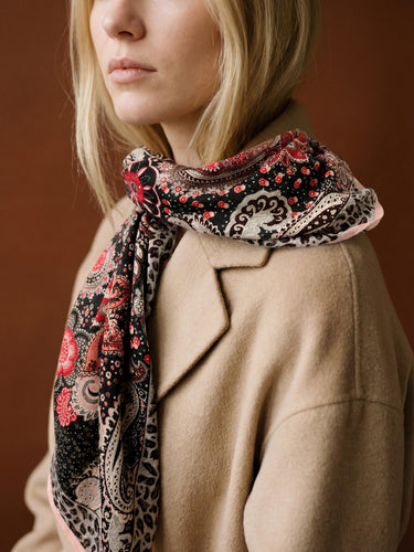 Paisley Floral Lightweight Scarf with Leopard Border, Black Red Pink Boho Wrap, Soft Sheer Neck Scarf, Gift for Her