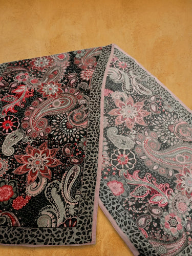 Paisley Floral Lightweight Scarf with Leopard Border, Black Red Pink Boho Wrap, Soft Sheer Neck Scarf, Gift for Her