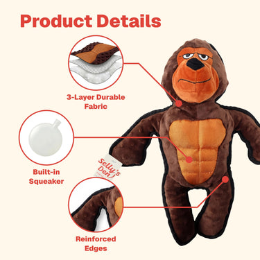 Selly's Den Gorilla & Duck Plush Dog Toy Set, Squeaky Stuffed Animal Toys for Puppies, Interactive Soft Chew and Fetch Toys (Brown Gorilla)