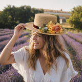 Violette Floral Accent Wide Brim Straw Boater Hat - Lifestyle scene 1