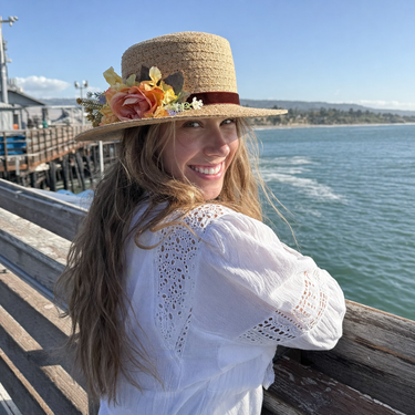 Violette Floral Accent Wide Brim Straw Boater Hat - Lifestyle scene 3