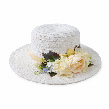 Violette Floral Accent Wide Brim Straw Boater Hat - White