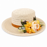 Violette Floral Accent Wide Brim Straw Boater Hat - Beige
