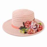 Violette Floral Accent Wide Brim Straw Boater Hat - Light Pink
