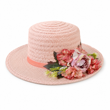 Violette Floral Accent Wide Brim Straw Boater Hat - Light Pink
