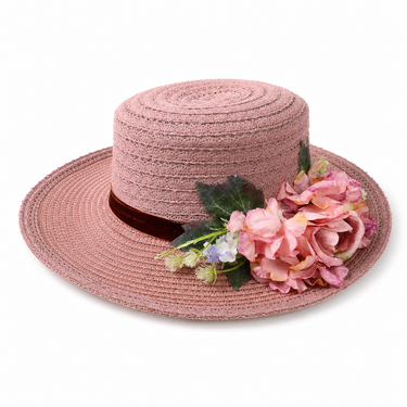 Violette Floral Accent Wide Brim Straw Boater Hat - Dusty Pink