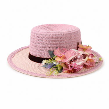 Violette Floral Accent Wide Brim Straw Boater Hat - Mauve Pink