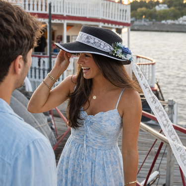 Violette Floral Lace Straw Boater Hat - Lifestyle scene 3