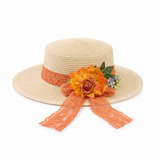 Violette Floral Lace Straw Boater Hat - Light Khaki