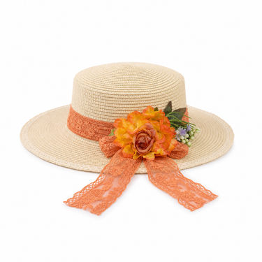 Violette Floral Lace Straw Boater Hat - Light Khaki