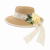 Violette Floral Lace Straw Boater Hat - Camel