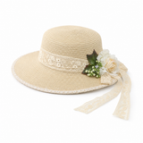Violette Floral Lace Straw Boater Hat - Beige