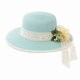 Violette Floral Lace Straw Boater Hat - Mint Green