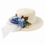 Violette Floral Lace Straw Boater Hat - Off-White