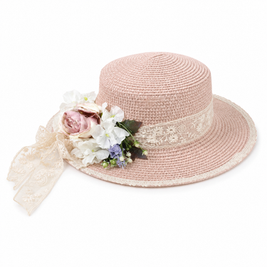 Violette Floral Lace Straw Boater Hat - Dusty Pink