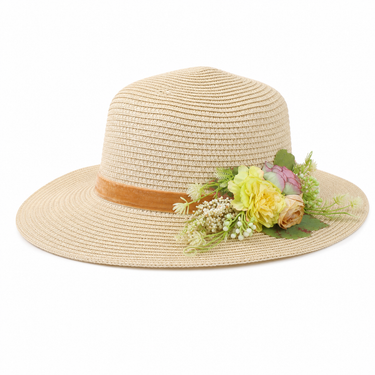 Violette Floral Ribbon Straw Fedora Hat - Beige