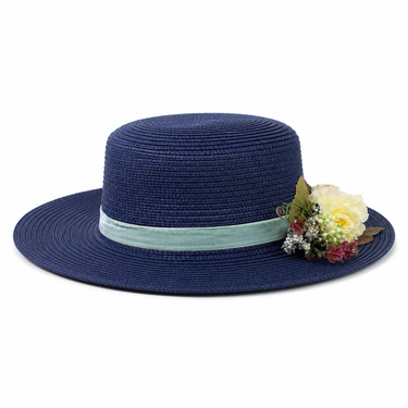 Violette Floral Ribbon Straw Fedora Hat - Navy