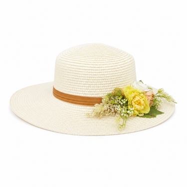 Violette Floral Ribbon Straw Fedora Hat - White