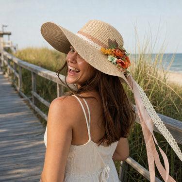 Violette Floral Ribbon Wide Brim Straw Boater Hat - Lifestyle scene 1