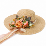 Violette Floral Ribbon Wide Brim Straw Boater Hat - Camel