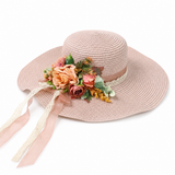 Violette Floral Ribbon Wide Brim Straw Boater Hat - Pink