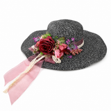 Violette Floral Ribbon Wide Brim Straw Boater Hat - Black