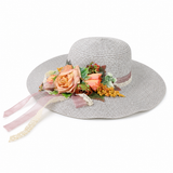 Violette Floral Ribbon Wide Brim Straw Boater Hat - Light Gray